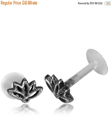 Single 16g (1.2mm) Silver Tragus, Antiqued Flower Labret, Tribal Earring or Madonna Piercing.