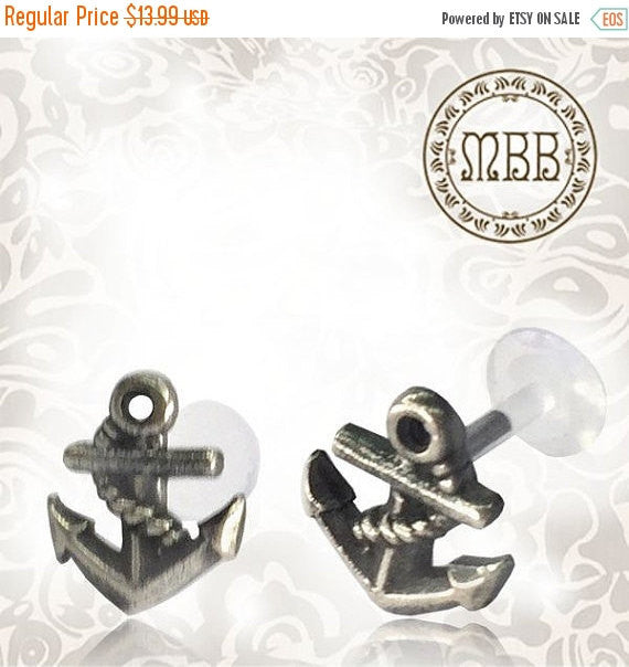 Single Silver Anchor Tragus,16g (1.2mm) Labret Antiqued Tribal Nose Stud Earring Madonna Piercing.