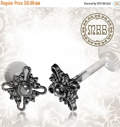 Single Silver Tribal Labret 16g (1.2mm) Silver Tragus Antiqued Tribal Flower Jewelry.