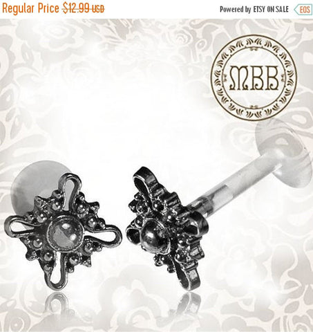 Single 16g (1.2mm) Silver Tragus, Antiqued Flower Labret, Tribal Earring or Madonna Piercing.
