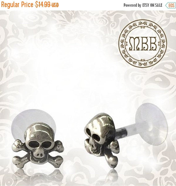 Single Silver Skull Tragus 16g (1.2mm) Labret, Antiqued Tribal Silver Body Jewelry.