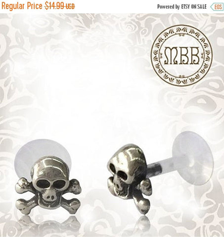 Single 16g (1.2mm) Silver Tragus, Antiqued Flower Labret, Tribal Earring or Madonna Piercing.