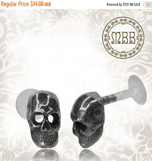 Single Silver Tragus Skull 16g (1.2mm Labret Antiqued Tribal Ear Stud Earring Madonna Piercing.