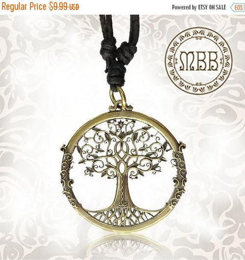 Single Big Brass Tree of Life Pendant 1" 5/8 inch Amulet On Adjustable Cotton Cord Necklace.