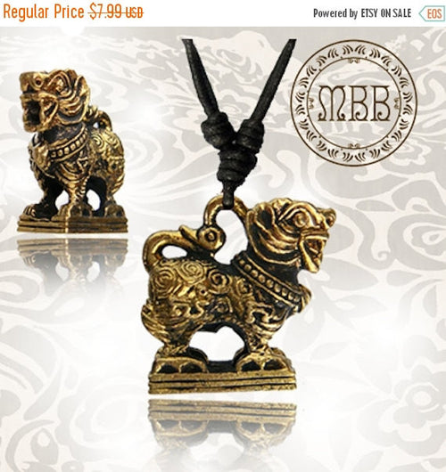 Single Brass Thai Singha Pendan, Sizet 7/8" inch (22mm diameter) Adjustable Cotton Cord Necklace.