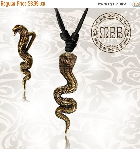 Single Long Tribal Brass King Cobra Snake Pendant 1" 3/4 inch (43mm length) Amulet On Adjustable Cotton Cord Necklace.