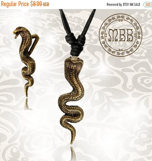 Single Long Tribal Brass King Cobra Snake Pendant 1" 3/4 inch (43mm length) Amulet On Adjustable Cotton Cord Necklace.