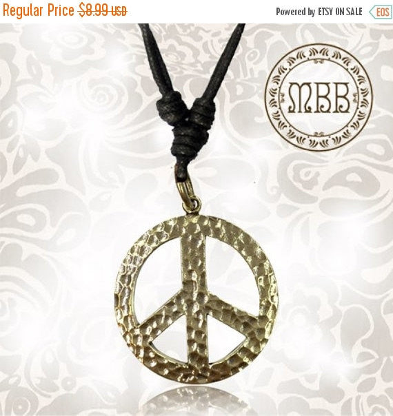 Tribal Brass Hammered Peace Sign Pendant 1" 1/4 inch (30mm length) Amulet On Adjustable Cotton Cord Necklace.