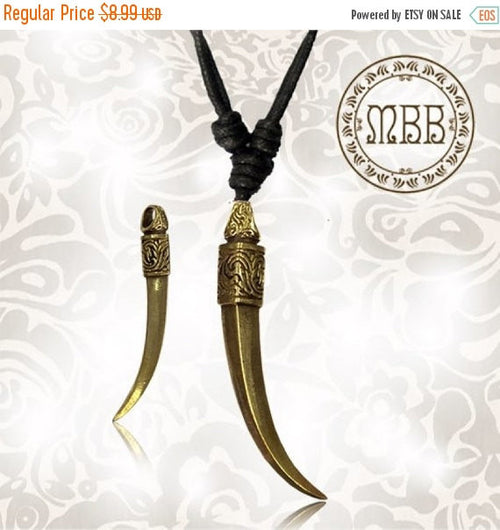 Tribal Large Tribal Brass Tusk Saber Tooth Claw Pendant 2" 1/4 inch Amulet On Adjustable Cotton Cord Necklace.