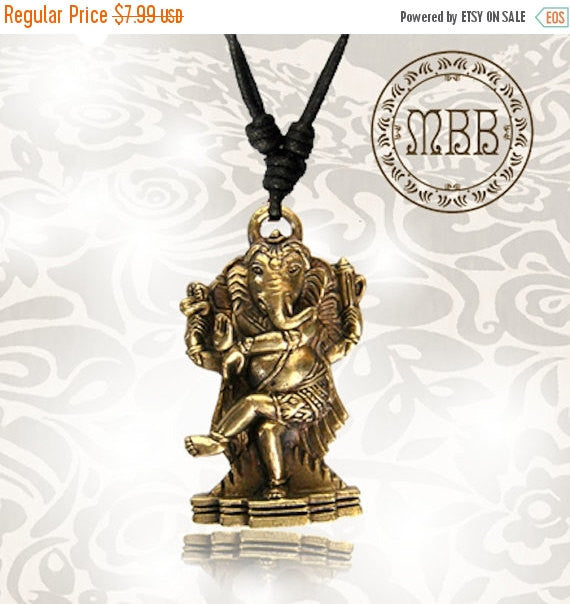 Tribal Small Brass Dancing Hindu God Ganesh Pendant 1" 3/8 inch Amulet On Adjustable Cotton Cord Necklace.