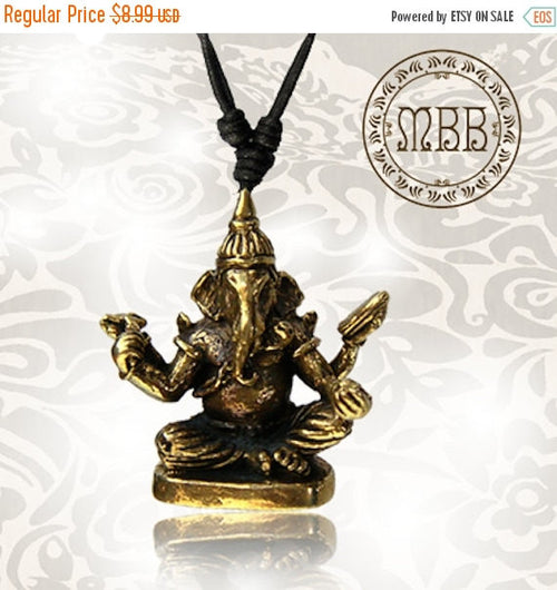 Tribal Brass Hindu God Ganesh Pendant 7/8" inch (22mm diameter) Amulet On Adjustable Cotton Cord Necklace.