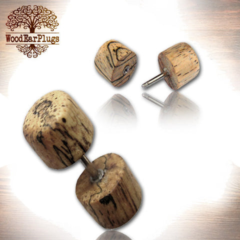 Pair Fake Gauge Earrings, Zebra Wood Faux Plugs, 18g Fake Plugs, Fake Ear Piercing Jewelry, Cheater Wood Plugs.