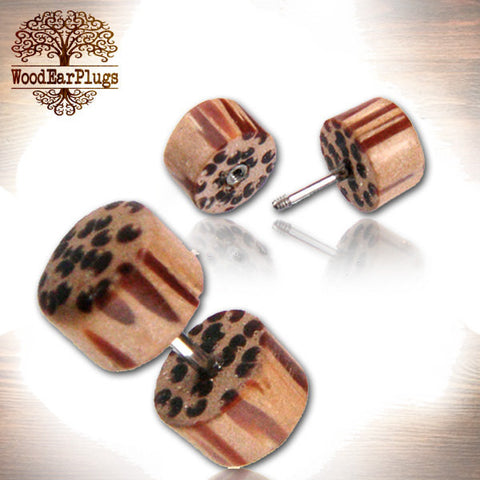 Pair Fake Gauge Earrings, Zebra Wood Faux Plugs, 18g Fake Plugs, Fake Ear Piercing Jewelry, Cheater Wood Plugs.