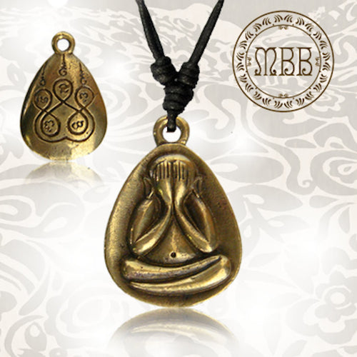 Tribal Small Brass Eye's Closed Monk Pendant 1" 3/16 inch (29mm diameter) Amulet On Adjustable Cotton Cord Necklace.