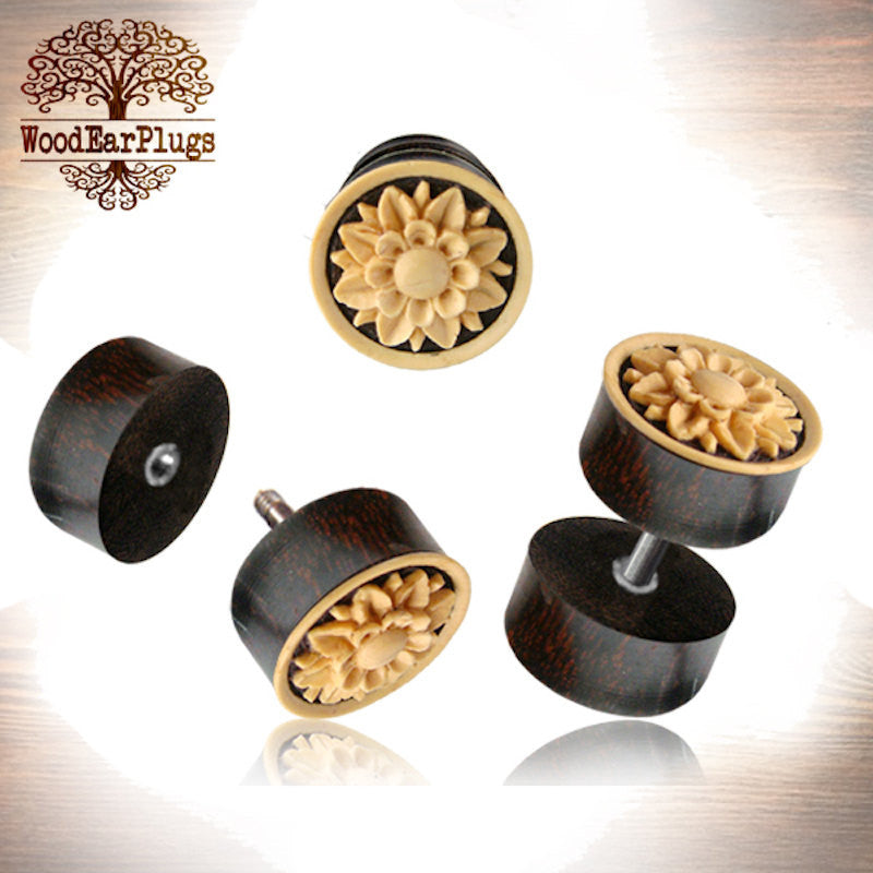 Pair of Fake Wooden Gauge Earrings, Tamarind Wood & Coconut Shell Flower Carved Fake Wood Plugs 18g Threaded S. Steel (Cheater)