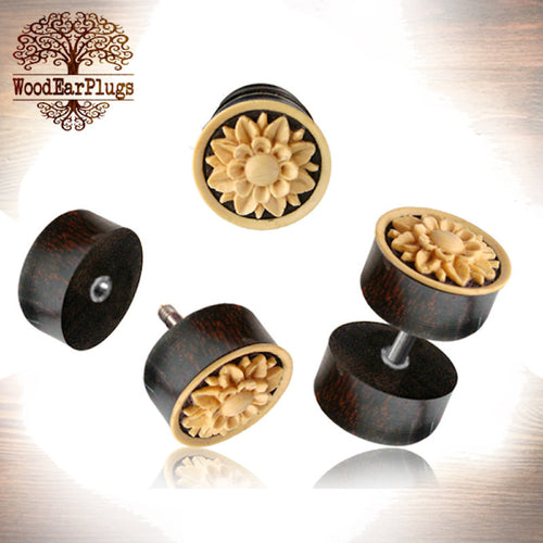 Pair of Fake Wooden Gauge Earrings, Tamarind Wood & Coconut Shell Flower Carved Fake Wood Plugs 18g Threaded S. Steel (Cheater)