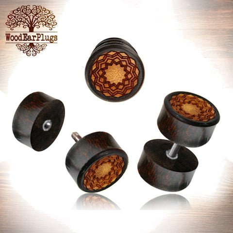 Pair Fake Gauge Earrings, Zebra Wood Faux Plugs, 18g Fake Plugs, Fake Ear Piercing Jewelry, Cheater Wood Plugs.