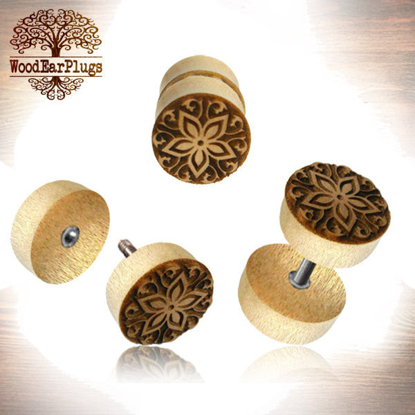 Pair of Fake Wood Plugs (18g) With Laser Carved Flower design.