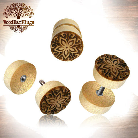 Pair Concave Flower of Life Tamarind Wood Plugs, Inlay Jack Fruit Wood, Double Flare Wood Plugs, Engraved Tribal Ear Gauges, Tribal Body Jewelry, Organic Wood Plugs.