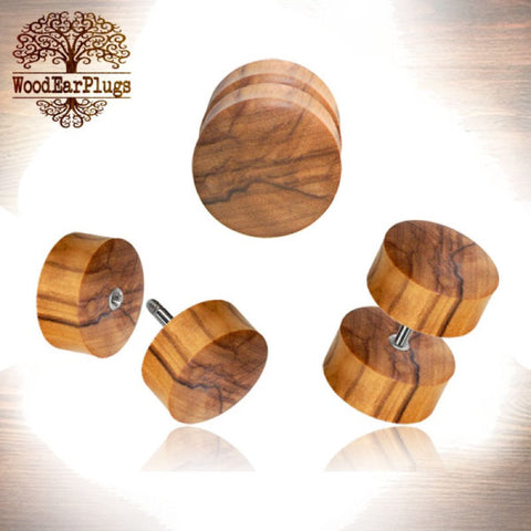 Pair Fake Gauge Earrings, Zebra Wood Faux Plugs, 18g Fake Plugs, Fake Ear Piercing Jewelry, Cheater Wood Plugs.