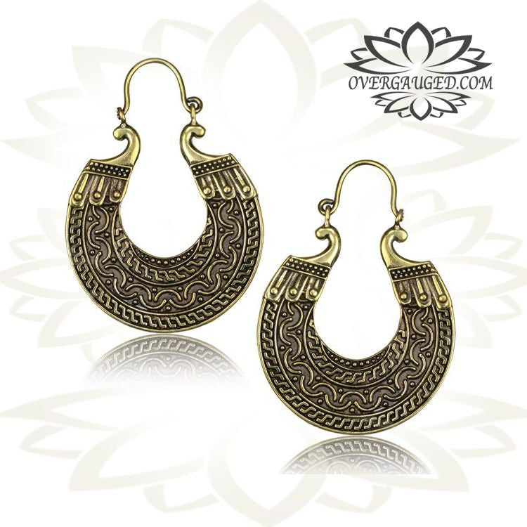 Pair of Ornate Brass Earrings Antiqued Afghan Tribal Hoops, Hangers Earrings.