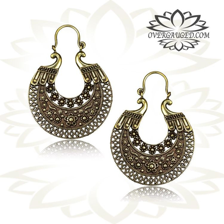Pair of Brass Earrings, Large Ornate Antiqued Afghan Flower Tribal Hoops Hangers.
