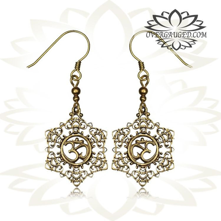 Pair of Brass Om Symbol Fishhook Earrings, Body Piercing Dangling Girly Brass Earrings.