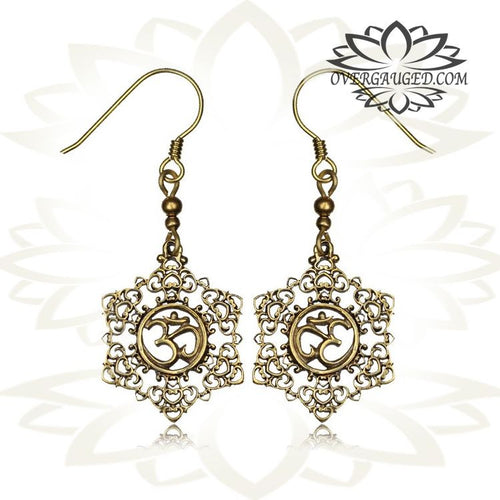 Pair of Brass Om Symbol Fishhook Earrings, Body Piercing Dangling Girly Brass Earrings.