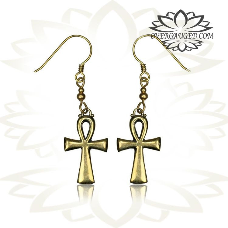 Pair of Brass Earrings Ornate Tribal Brass Ankh Cross of Life Brass Fishhook Earrings.