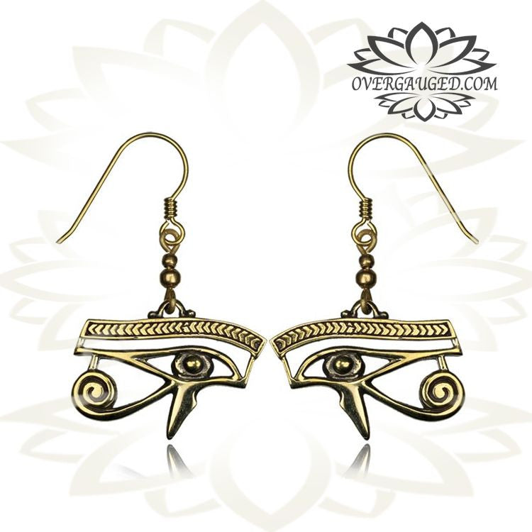 Pair of Ornate Brass Earrings Antiqued Eye of Horus Egyptian Tribal Fishhook Earrings.
