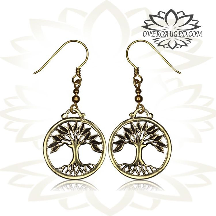 Pair of Ornate Brass Earrings Antiqued Tree of Life Tribal Fishhook Earrings, Brass Body Jewelry.