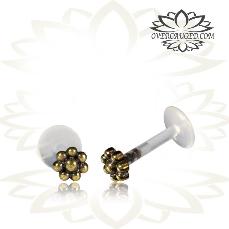 Single Brass 16g Labret, Tribal Brass Tragus Earring, Afghan Brass Labret Flower, Tribal Brass Body Jewelry.