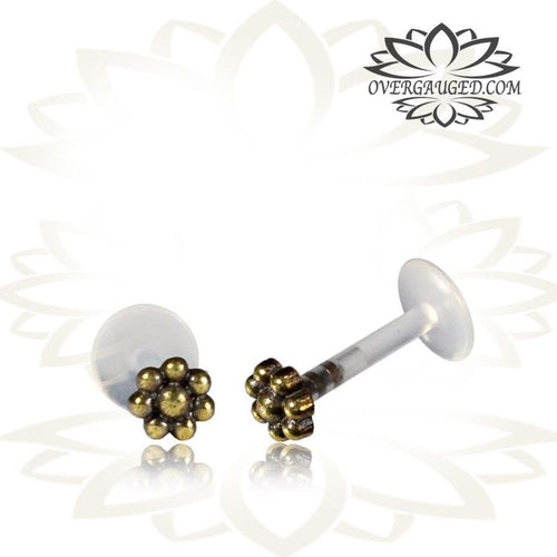 Single Brass 16g Labret, Tribal Brass Tragus Earring, Afghan Brass Labret Flower, Tribal Brass Body Jewelry.