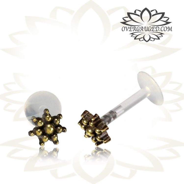Single 16g Brass Labret, Brass Tragus in 16g, Tribal Labret Jewelry, Antiqued Brass Flower Tragus, Tribal Ear Stud, Brass Earrings,  Madonna Lip Piercing.