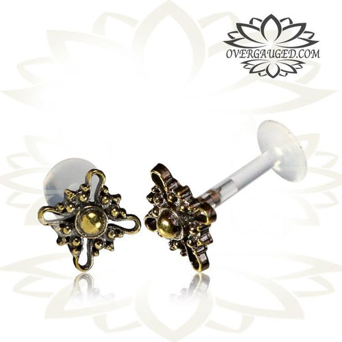 Single 16g Tribal Brass Labret, Tragus Earring, Indian Style Brass Jewelry, Tribal Body Jewelry.