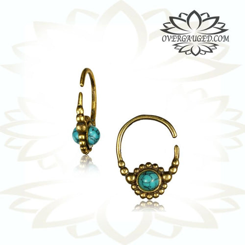 Pair Ornate 16g (1.2mm) Antiqued Thai Hill Tribe Tribal Brass Earring With Turquoise Stone Body Jewelry.