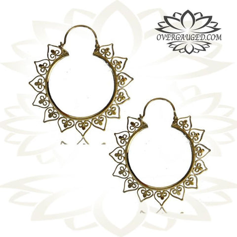 Pair of Brass Earrings, Antiqued Mandala Tribal Hoops, Large Flower Style Hanging Gauges.