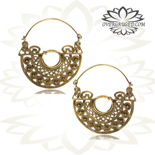 Pair of Ornate Brass Earrings Large Antiqued Tribal Hoops Brass Earrings.
