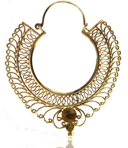 Pair of Brass Earrings, Antiqued Mandala Tribal Hoops, Large Flower Style Hanging Gauges.