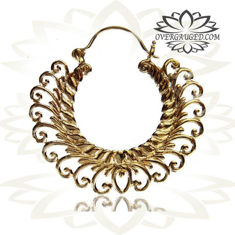 Pair of Brass Earrings, Small Ornate Antiqued Hill Tribal Hoops.