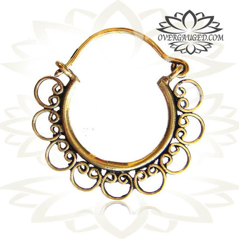 Pair of Brass Earrings, Small Ornate Antiqued Hill Tribal Hoops.
