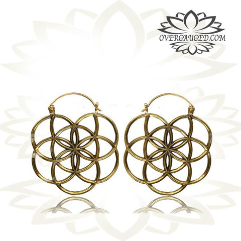 Pair of Big Tribal Brass Hoop Earrings With Inlay Shell, Piercing Hangers Body Jewelry.