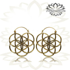 Pair of Flower of Life Antiqued Tribal Brass Hoops. Large Brass Earrings.