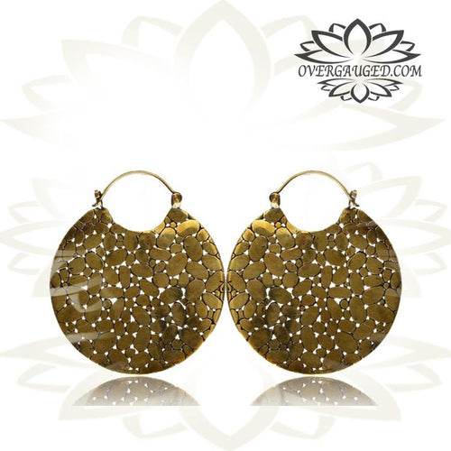 Pair of Brass Earrings, Ornate Pebble Hoops Brass Body Jewelry Hangers.