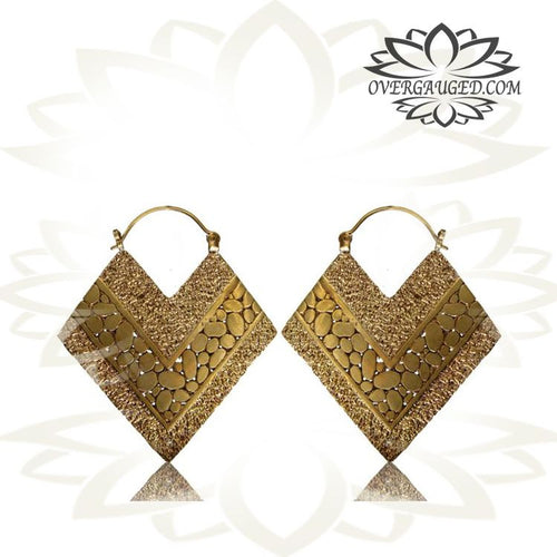 Pair of Ornate Brass Earrings, Stone Pebbles Pattern Antiqued Hoops.