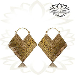 Pair of Ornate Brass Earrings, Stone Pebbles Pattern Antiqued Hoops.