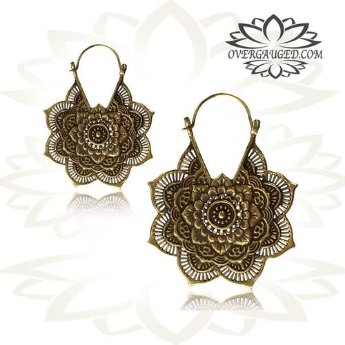 Pair of Big Ornate Brass Earrings, Antiqued Mandala Tribal Hoops, Flower Style.