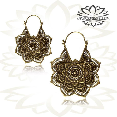 Pair Brass Earrings Antiqued Lotus Flower Tribal Hoops Hangers.