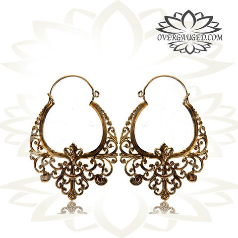 Pair of Brass Earrings Mandala Flower, Brass Tribal Hoops Body Jewelry.