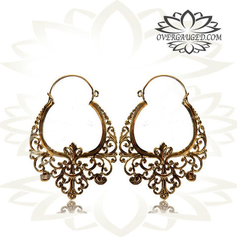 Pair of Brass Earrings, Antiqued Mandala Tribal Hoops, Large Flower Style Hanging Gauges.